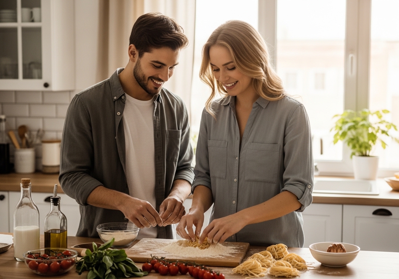 Couple rolling pasta dough