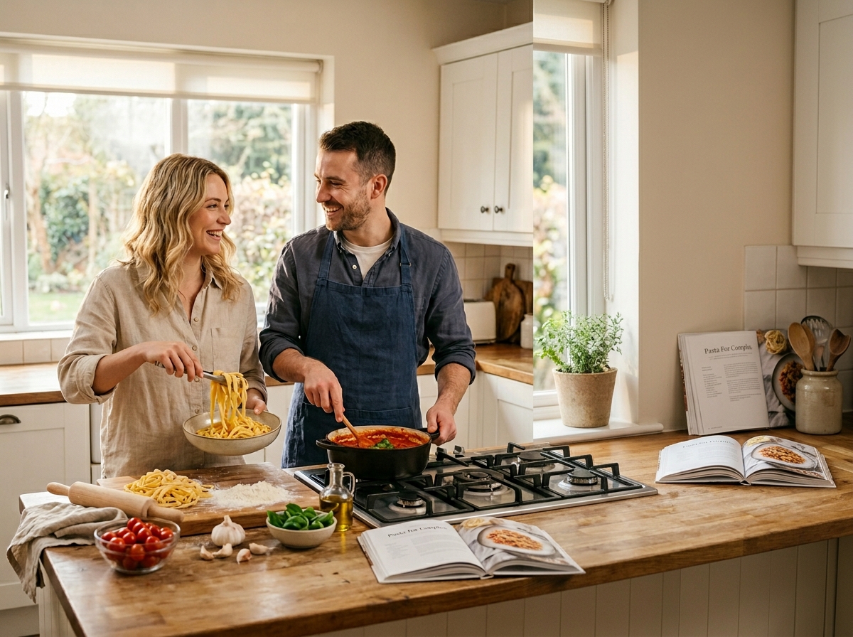 Couple preparing pasta