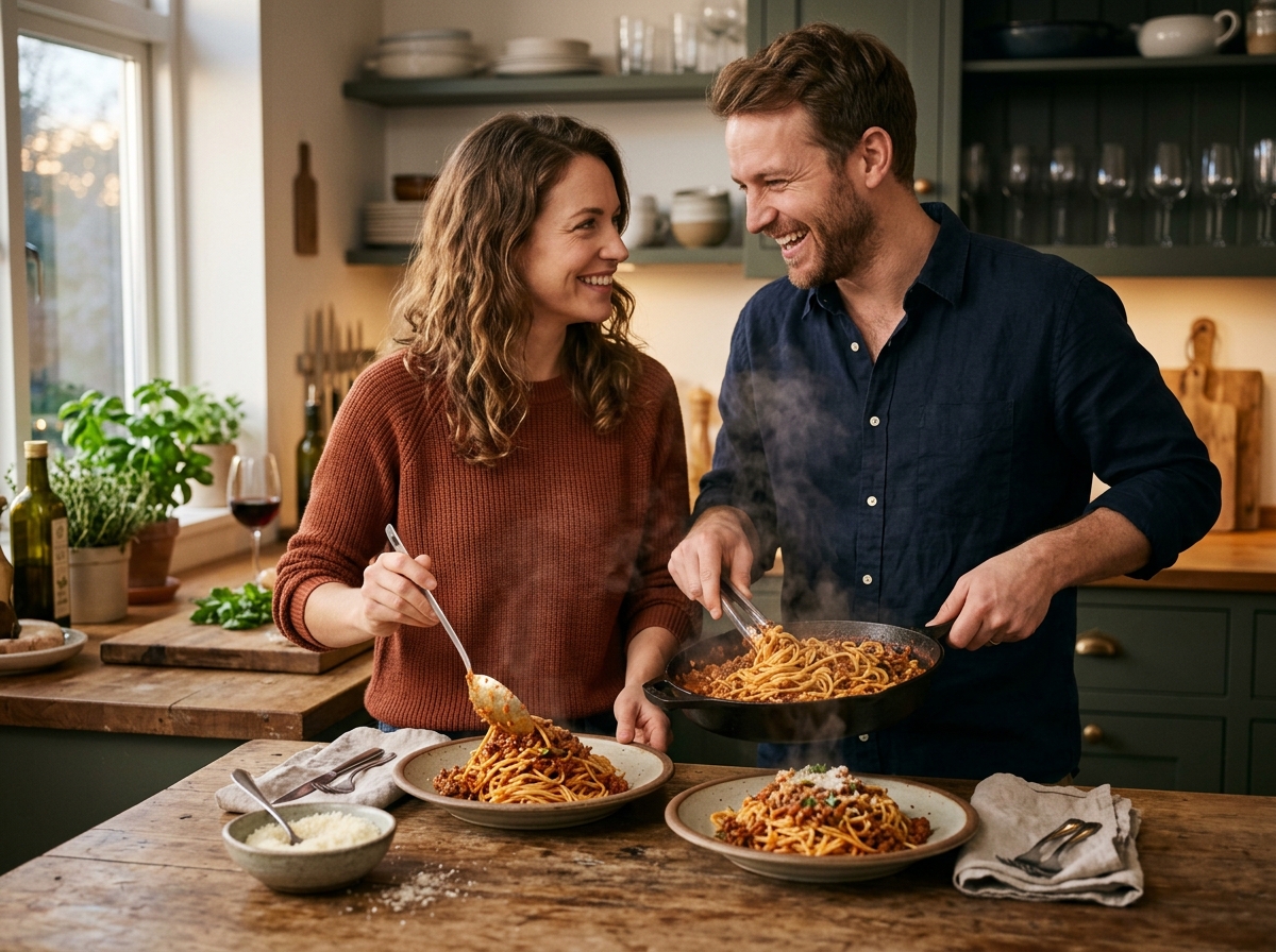 Couple serving pasta